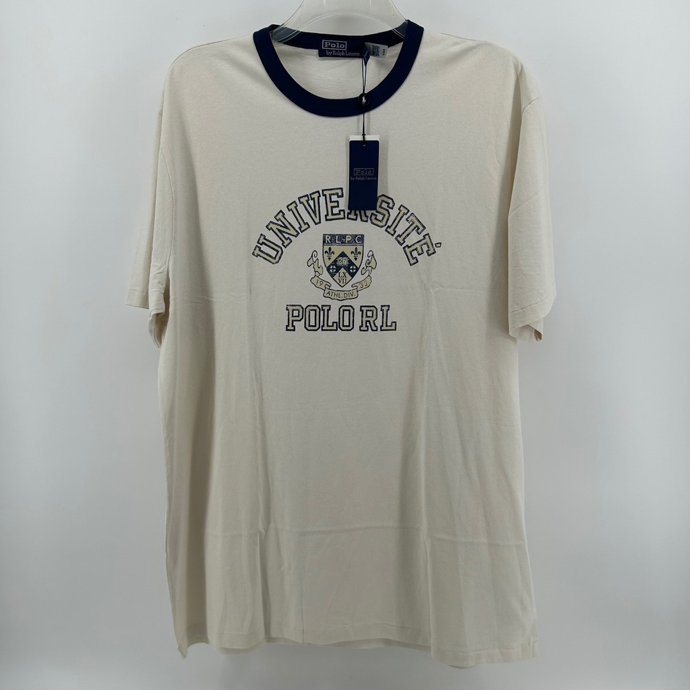 NWT Polo Ralph Lauren Ringer T-Shirt Mens XLT White Universite Crest Graphic Tee